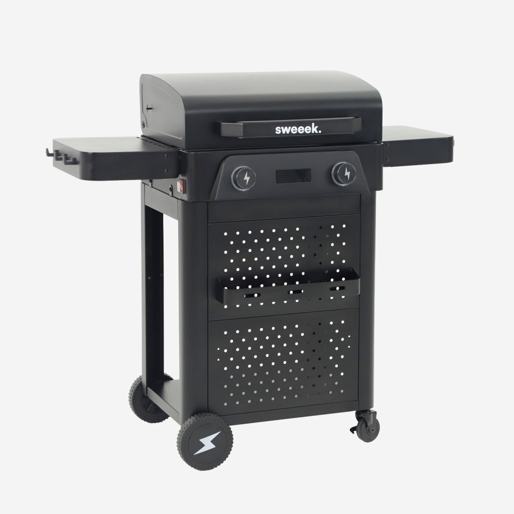 Barbecue électrique acier émaillé 2 brûleurs 2300 w, 2 tablettes, thermomètre, écran de contrôle - voltis