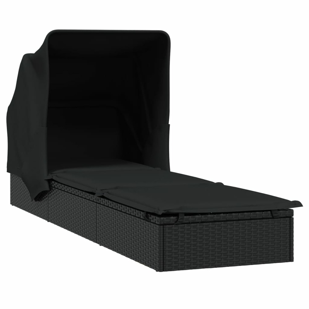 Transat chaise longue bain de soleil avec toit pliable 213 x 63 x 97 cm résine tressée noir