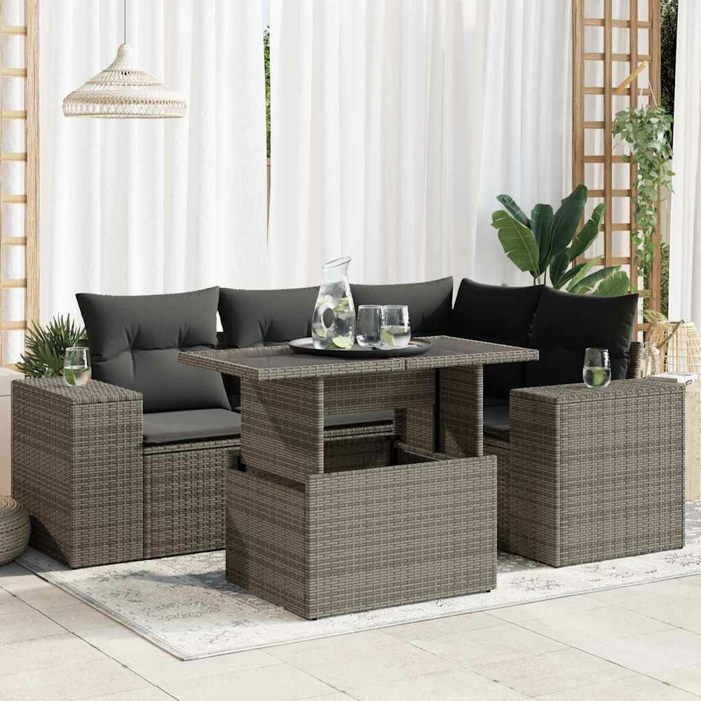 Salon de jardin 5 pcs avec coussins gris résine tressée