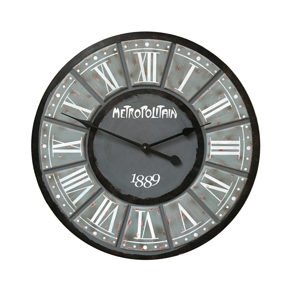 Grande horloge murale décorative vintage salon bois gris noir 60cm