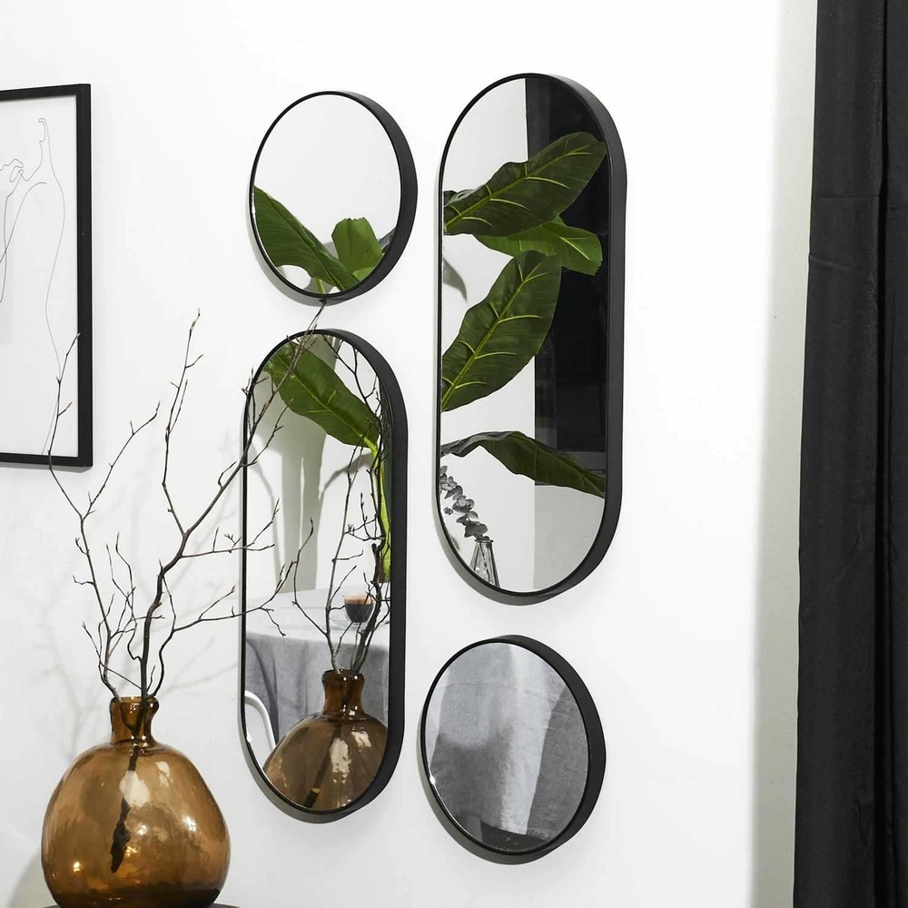 Lot de 4 miroirs ronds et ovales - noir