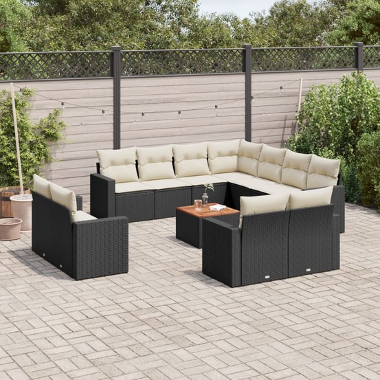 Salon de jardin avec coussins 13 pcs noir résine tressée