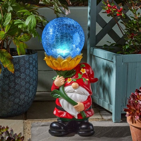 Super nain de jardin solaire 41 cm globe verre craquelé