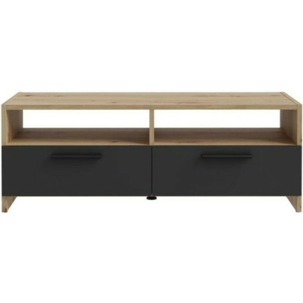 Meuble tv pilvi - style contemporain - décor chene et noir - 2 abattants + 2 niches - l 95 x p 36 x h 34,5 cm