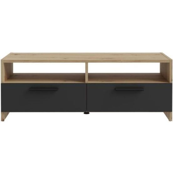 Meuble tv pilvi - style contemporain - décor chene et noir - 2 abattants + 2 niches - l 95 x p 36 x h 34,5 cm