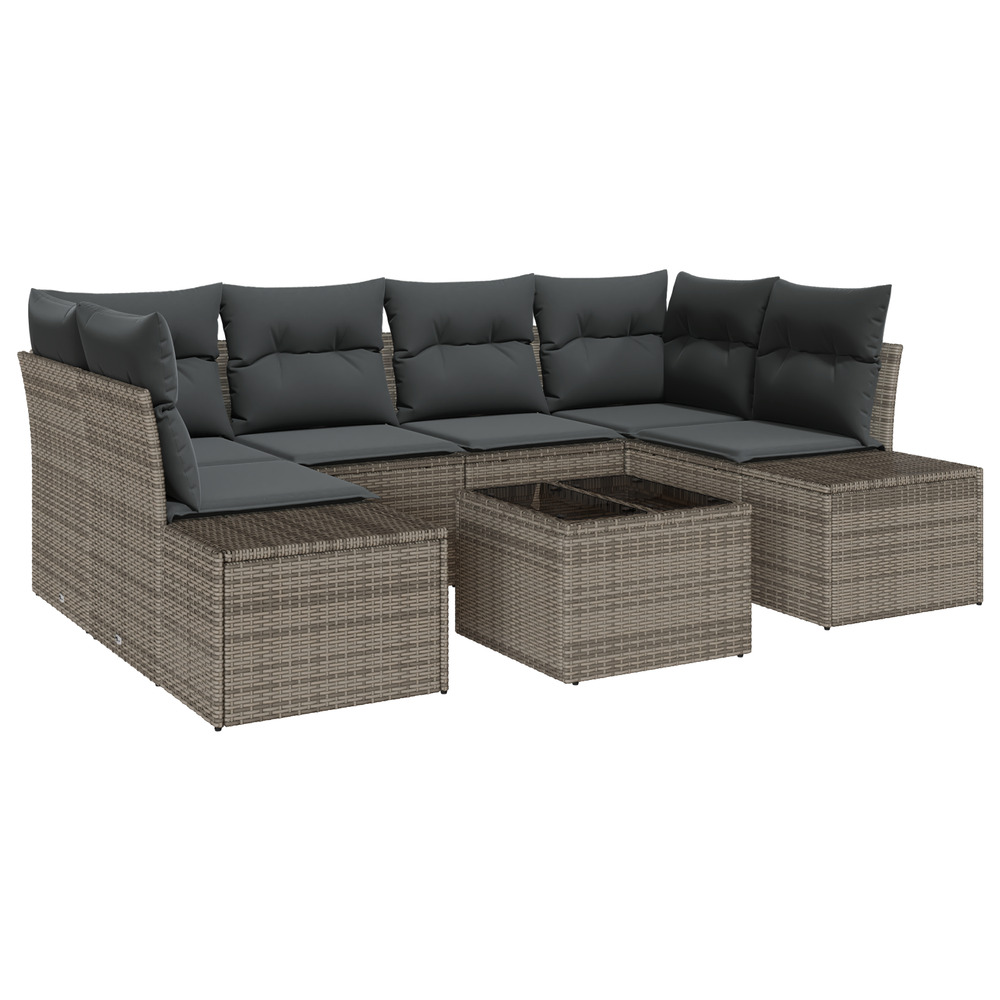 Ensemble de canapé de jardin 7 pièces avec coussins gris poly rattan