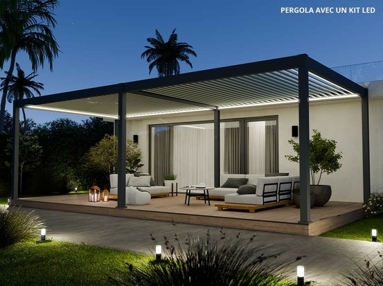 Pergola bioclimatique aluminium autoportée 32m² - 4x8m - kit led inclus - anthracite - 50 lames en aluminium a 120 degrés