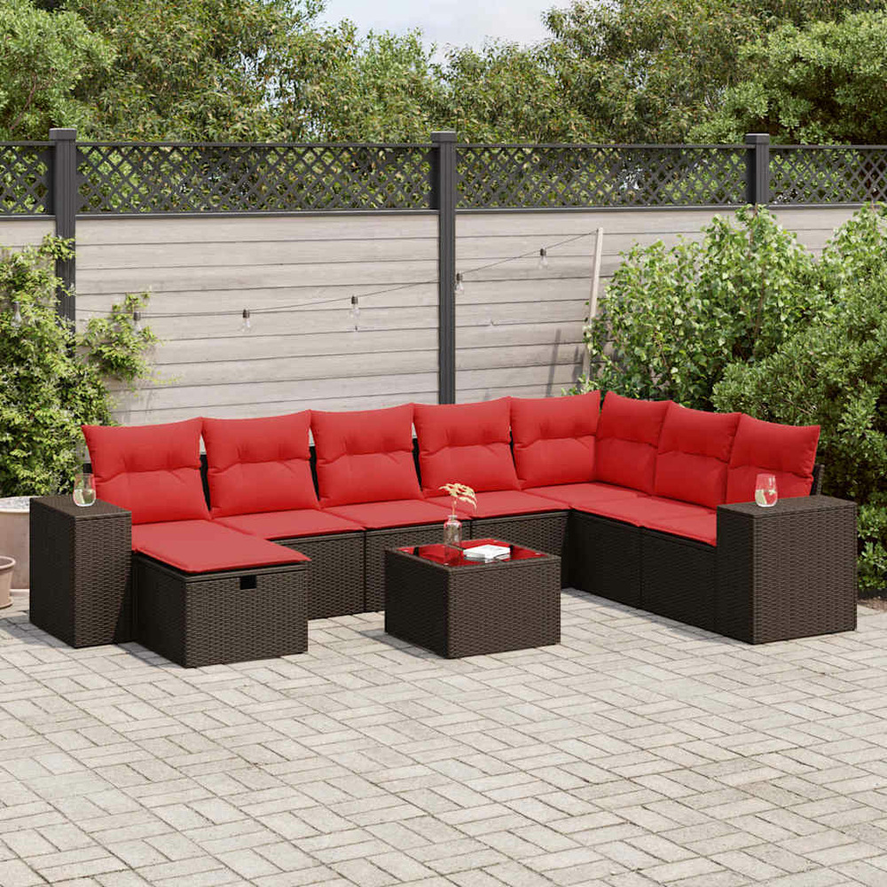 Salon de jardin avec coussins 9 pcs marron résine tressée