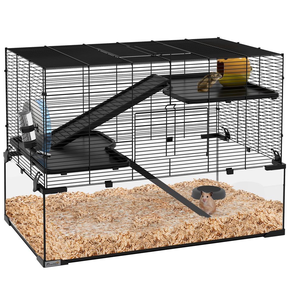 Cage hamster fil acier rongeurs 3 niveaux roue exercice 76x54cm noir