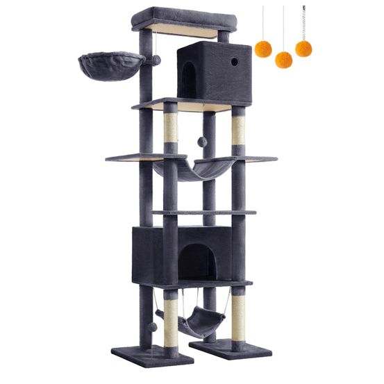 Arbre à chat 201 cm forme de tour taille xxl multi-niveaux 1 plateforme 1 panier 2 niches 2 hamacs dispositif anti-basculemen