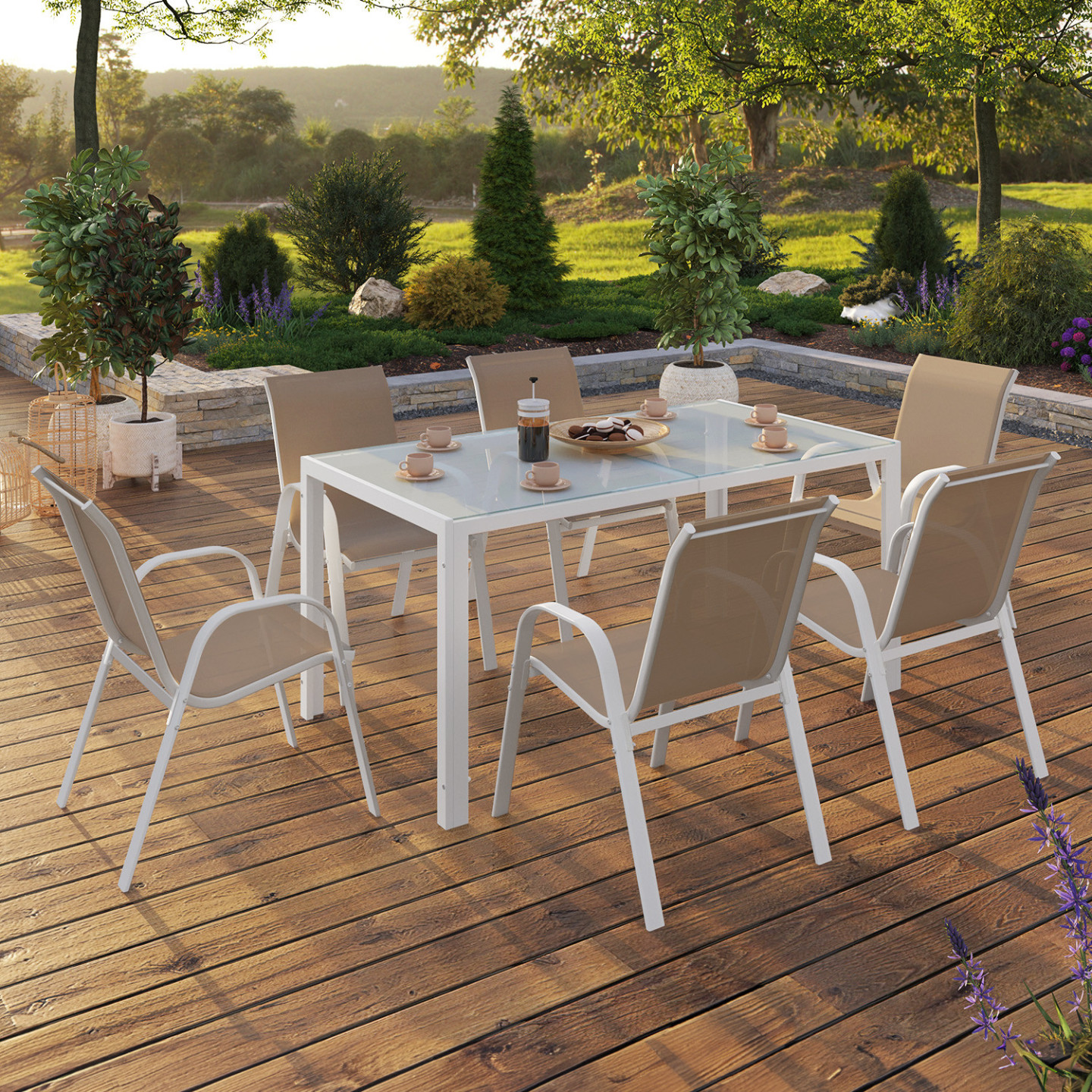 Salon de jardin madrid table 150 cm et 6 chaises empilables blanc et beige