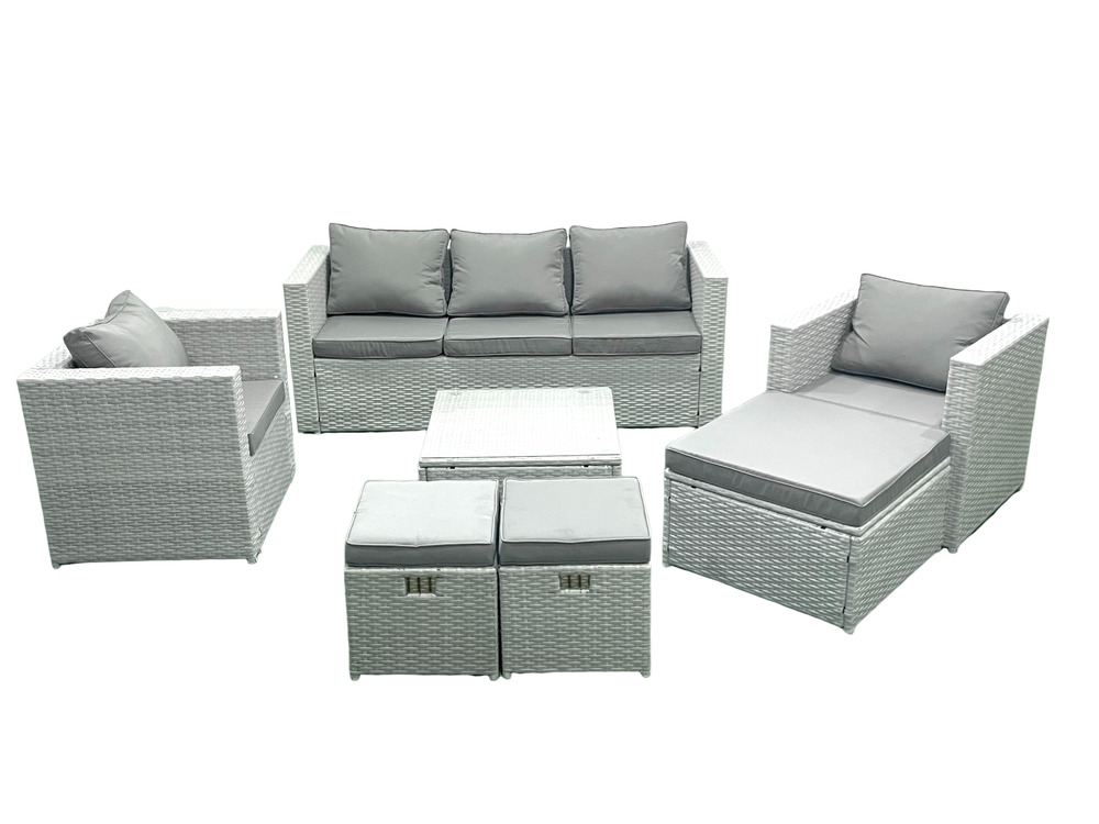 Ensemble de meubles d'extérieur en rotin avec table basse carrée 2 chaises 3 tabourets gris clair mixte