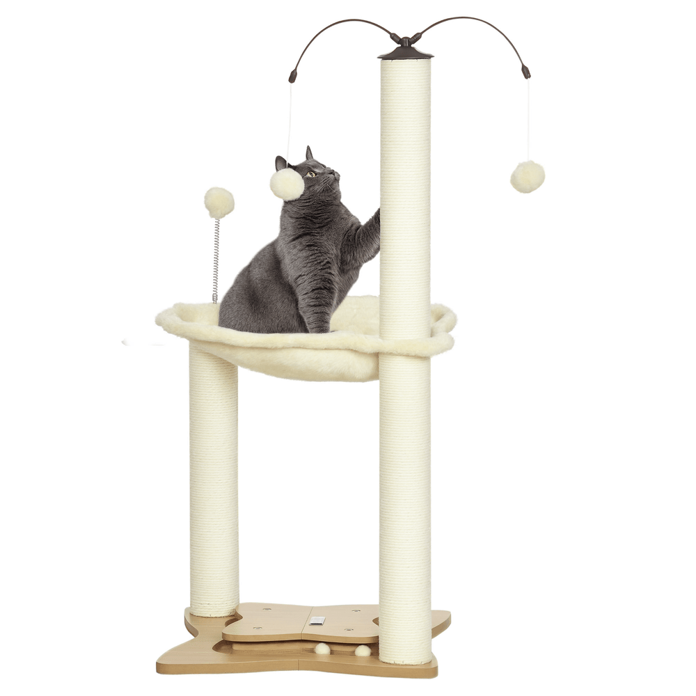 Arbre à chat bois peluche pour félins griffoirs et hamac 53x53x90cm beige