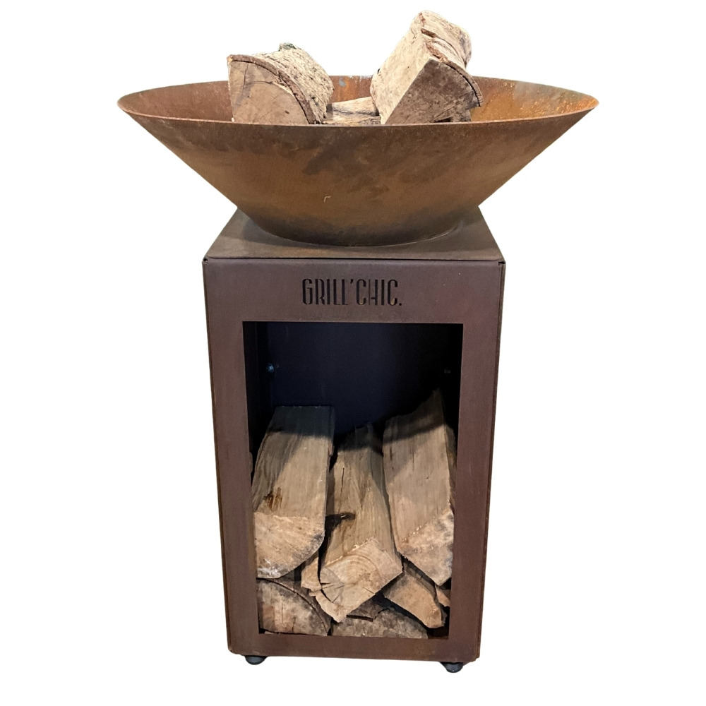 Cevenol simple cuve corten - brasero rond avec rangement bois - conçu pour une ambiance chaleureuse et une organisation optimale