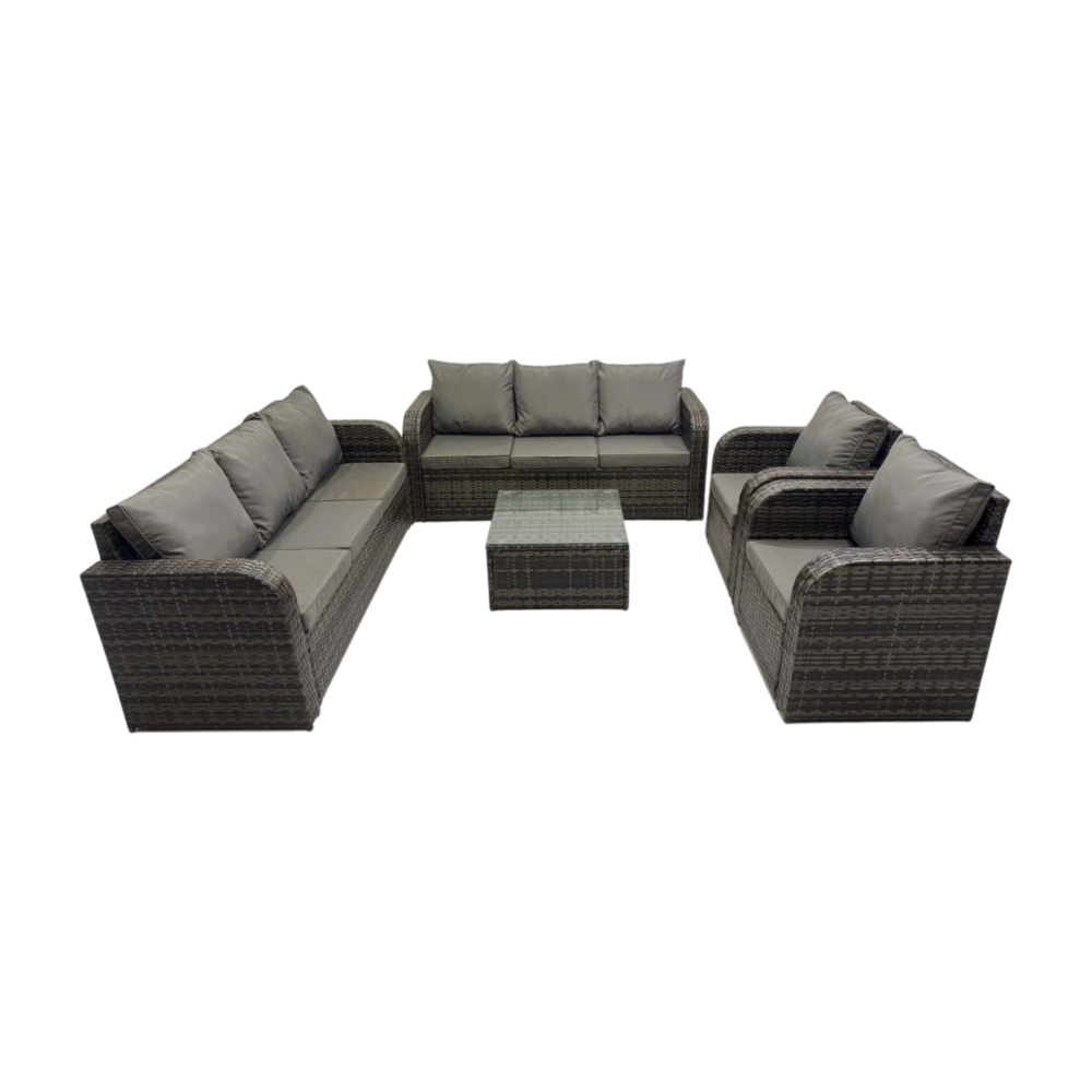 Dossier haut salon de jardin avec table basse carrée ensemble de canapés en rotin gris foncé mixte