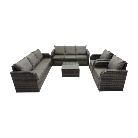 Dossier haut salon de jardin avec table basse carrée ensemble de canapés en rotin gris foncé mixte