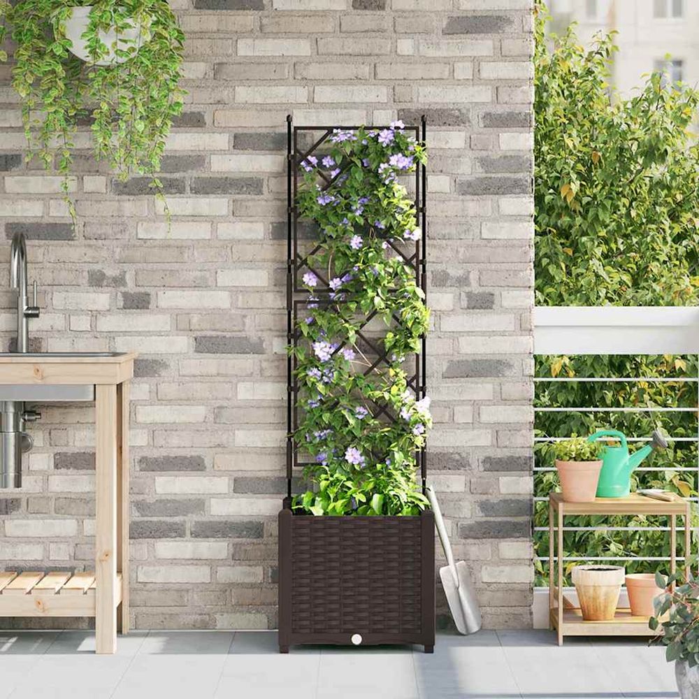 Bac à fleurs avec treillis en pp pour plantes grimpantes marron 40x40x143 cm