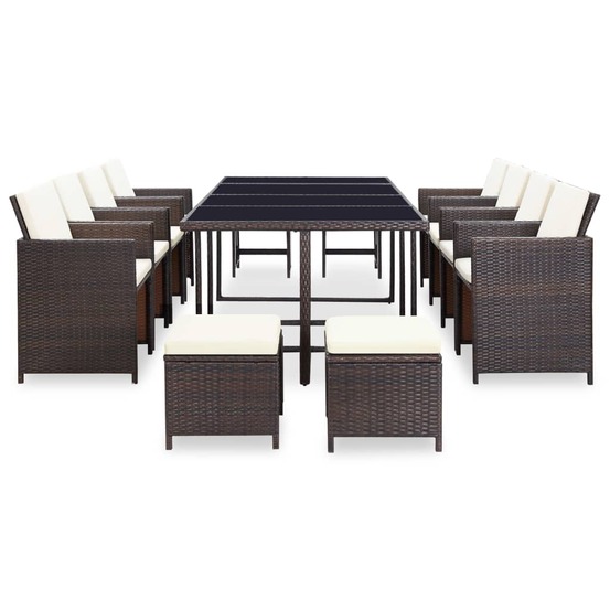 Ensemble à manger d'extérieur et coussins 13 pcs résine tressée