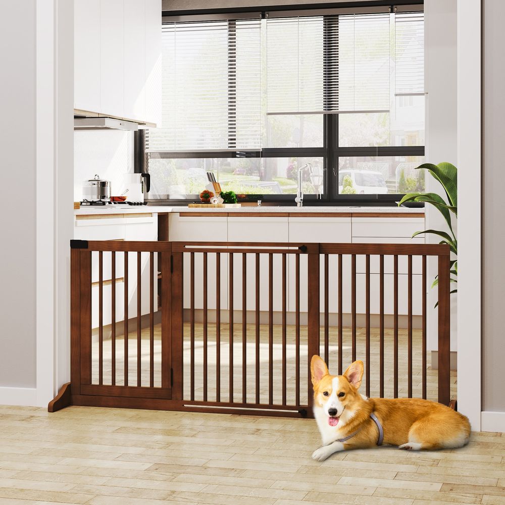 Barrière pour chien en pin brun 113-166 x 71 cm autoportante avec porte pour escalier couloir et cuisine