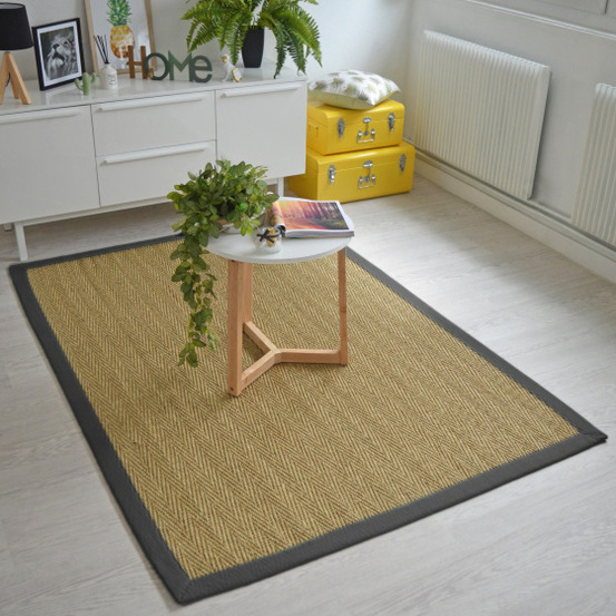 Tapis jonc de mer - bihar fin chevron - ganse coton anthracite - 200 x 290 cm