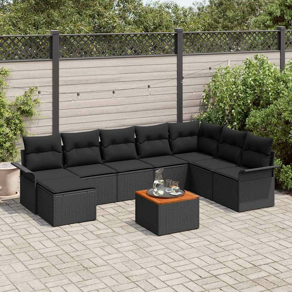 Ensemble de canapé de jardin avec coussin 9 pcs noir polyrotin