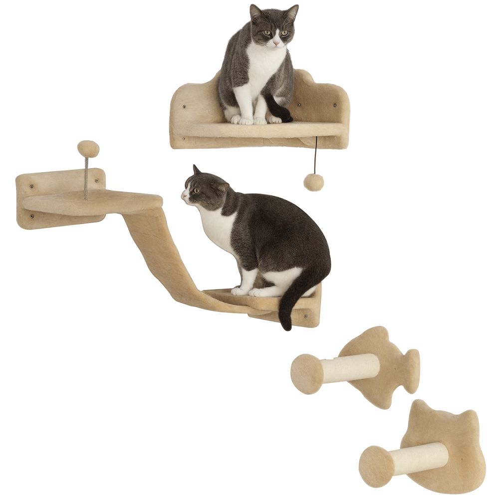 Parcours mural pour chat 4 pièces avec griffoirs sisal étagères et plateformes beige