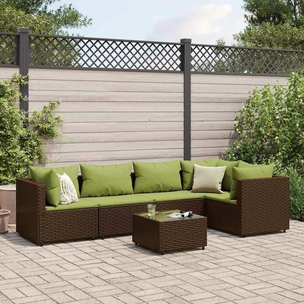 Salon de jardin 6 pcs avec coussins marron résine tressée