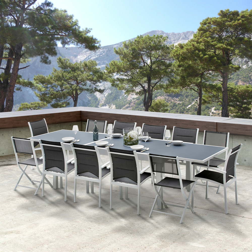 Ensemble modulo 8/12p en aluminium blanc et verre trempé gris perle avec 12 fauteuils en textilène
