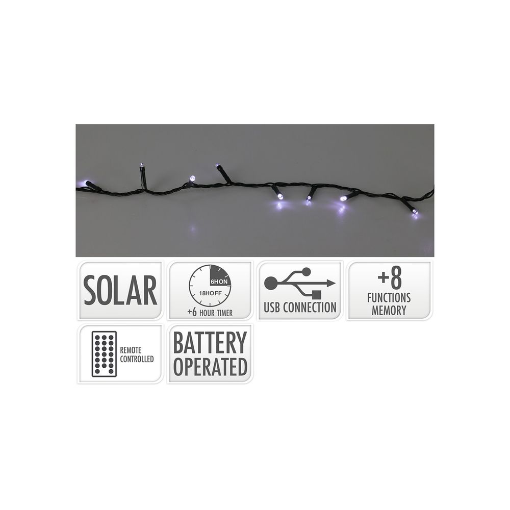 Guirlande led 8 fonctions clignotantes, blanc froid, ip44, solaire. Basics