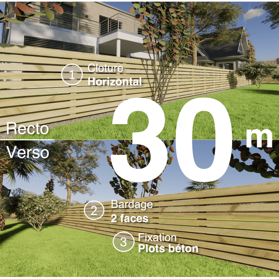 Kit clôture bois moderne 30m – h 0,9m – 20 x 60 mm autoclave vert – pose horizontal – double face – à sceller