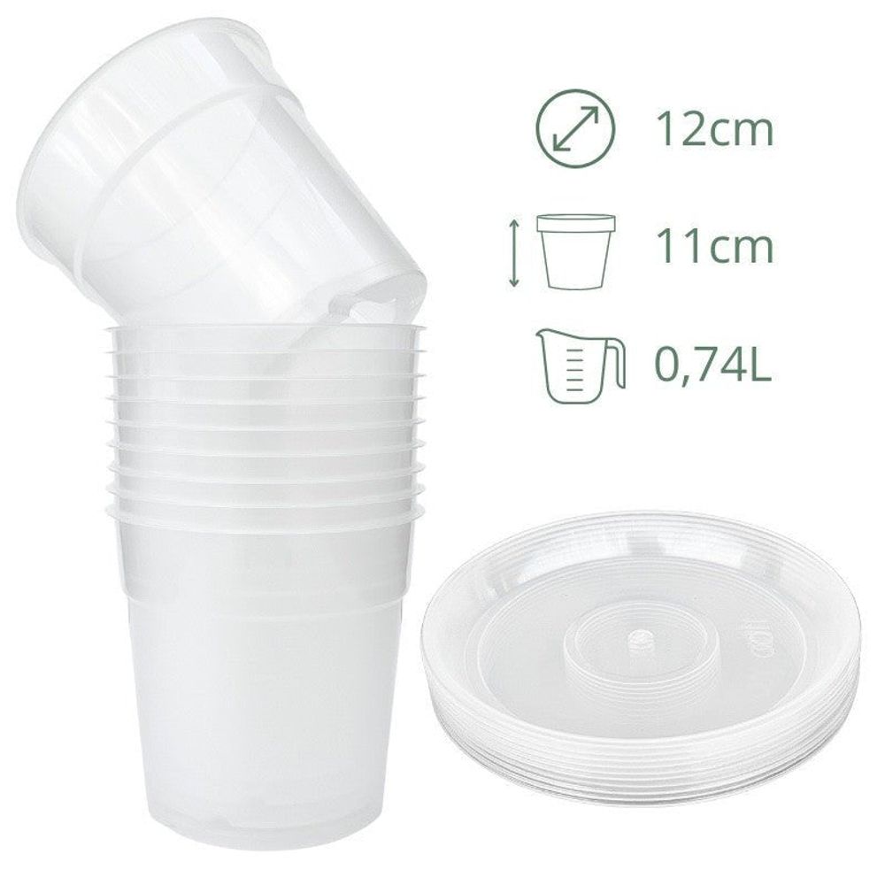 Lot x10 pots transparents - pot de 12cm - pots avec soucoupes adaptées