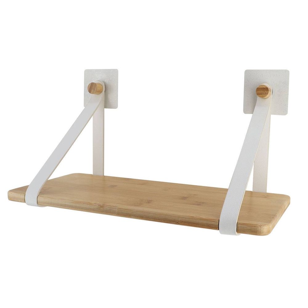 Etagere bambou + lanieres simili cuir sur sticker ou a fixer - blanc/bambou