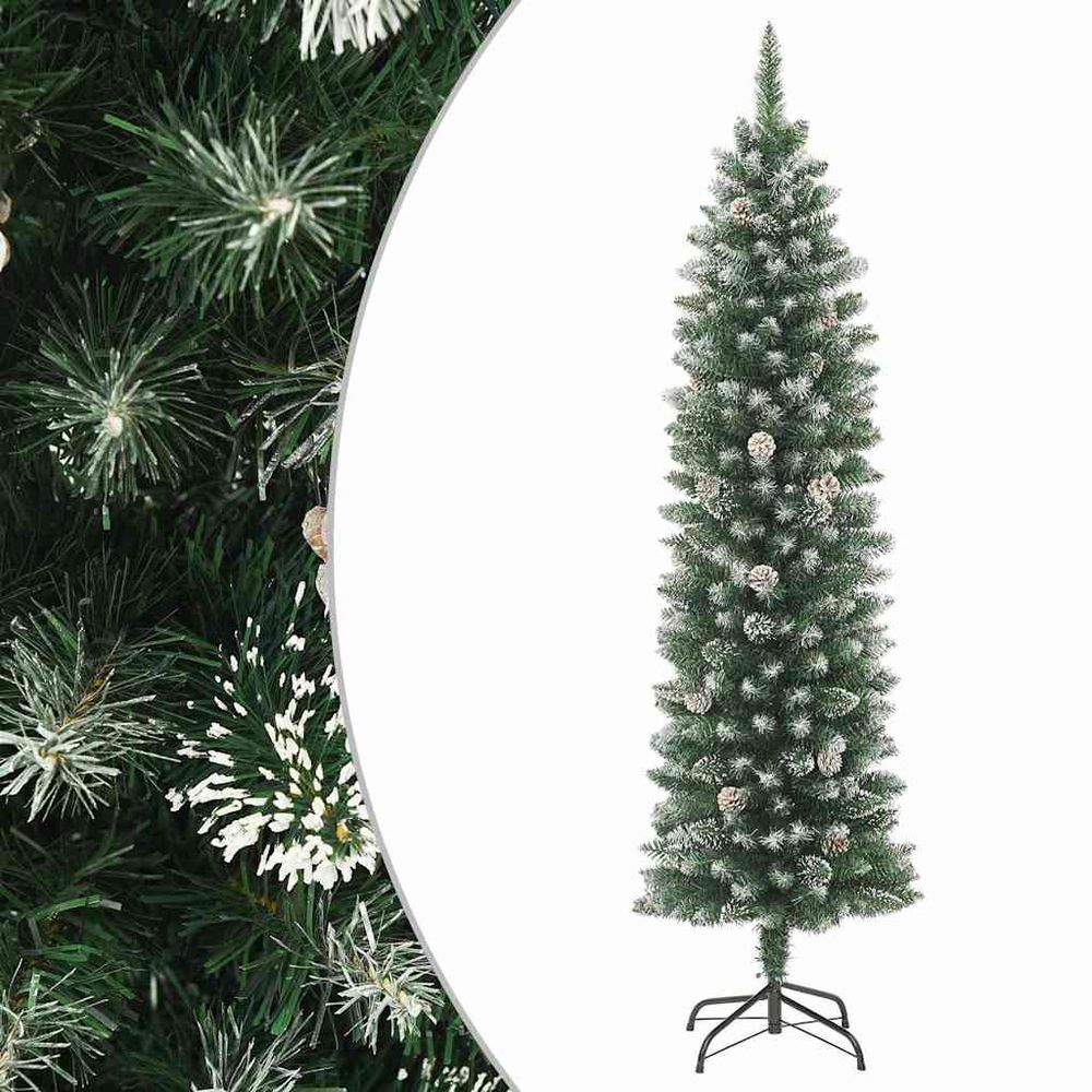Sapin de noël mince floqué 210 cm pvc avec pommes de pin pour petits espaces