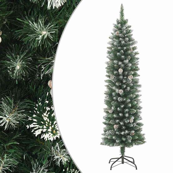 Sapin de noël mince floqué 210 cm pvc avec pommes de pin pour petits espaces