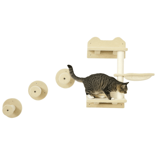 Parcours mural chat 4 pièces bois et sisal espace de jeu griffoir et hamac beige 73cm
