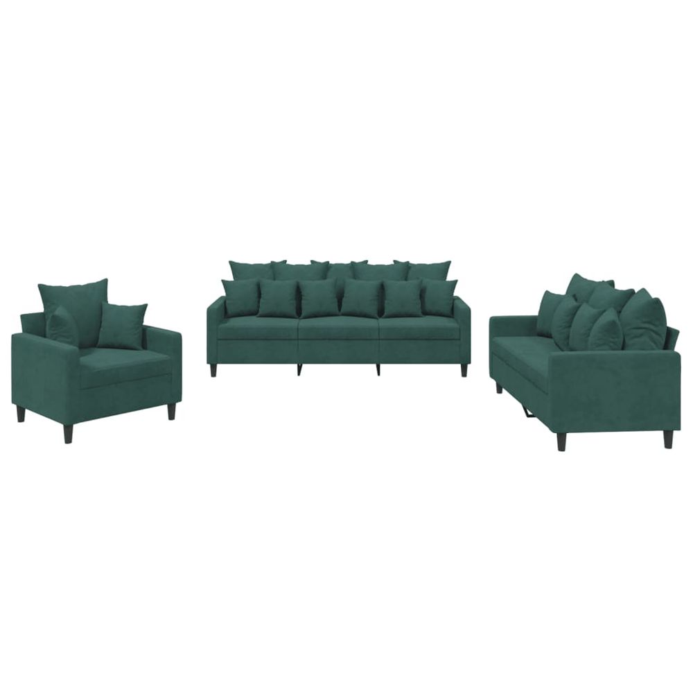 Ensemble de canapés 3 pcs avec coussins vert foncé velours