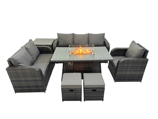 Ensemble salon de jardin extérieur en polyrotin table de foyer à gaz et canapé fauteuil avec table d'appoint 2 petits tabourets