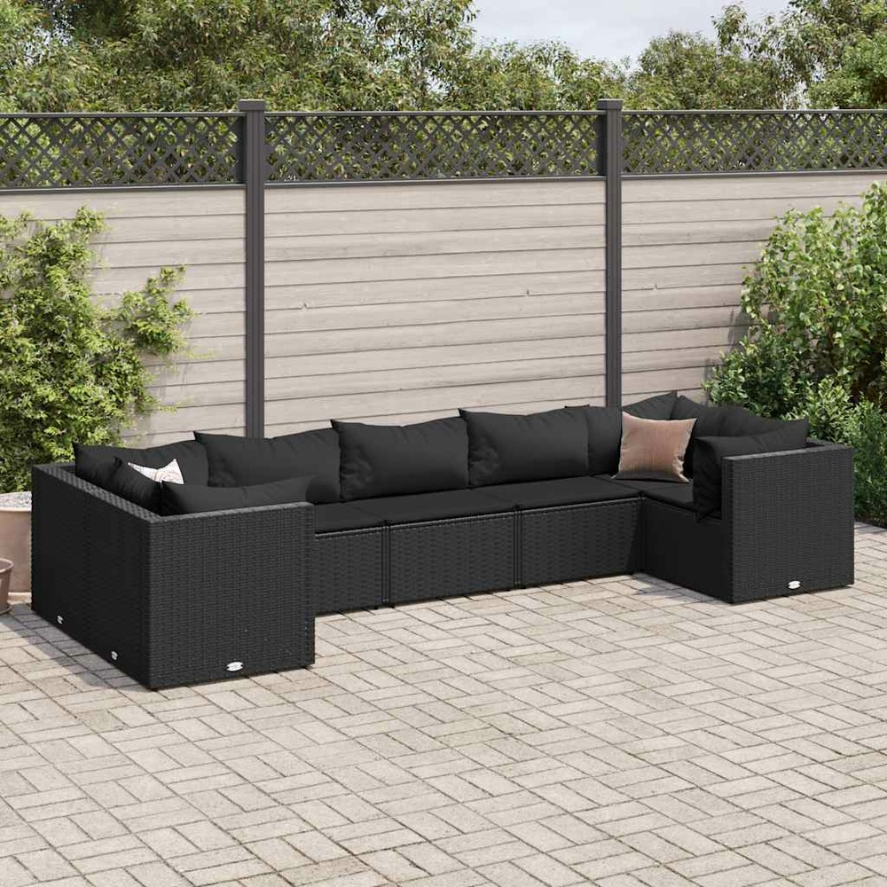 Salon de jardin 7 pcs avec coussins noir résine tressée