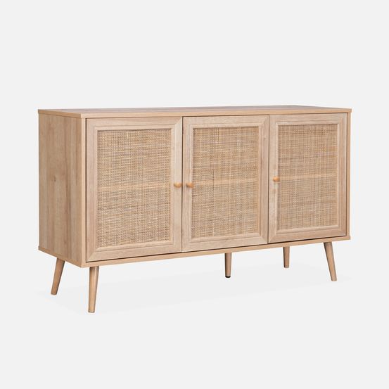 Buffet de rangement en cannage 120x39x70cm - 2 niveaux - 3 portes - pieds scandinaves - buffet bas