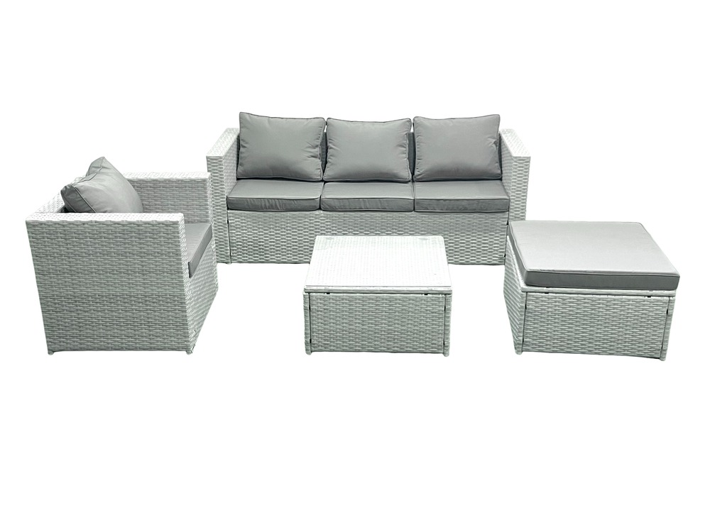 5 places salon de jardin avec canapé 3 places chaise table basse carrée grand tabouret gris clair mixte