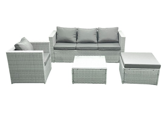 5 places salon de jardin avec canapé 3 places chaise table basse carrée grand tabouret gris clair mixte