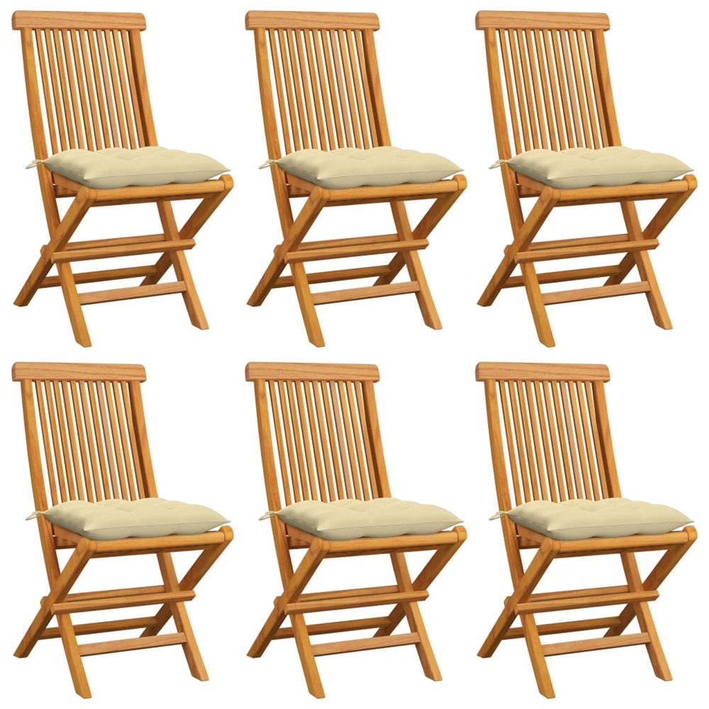 Chaises pliantes avec coussins blanc crème, 6 pièces, en teck massif