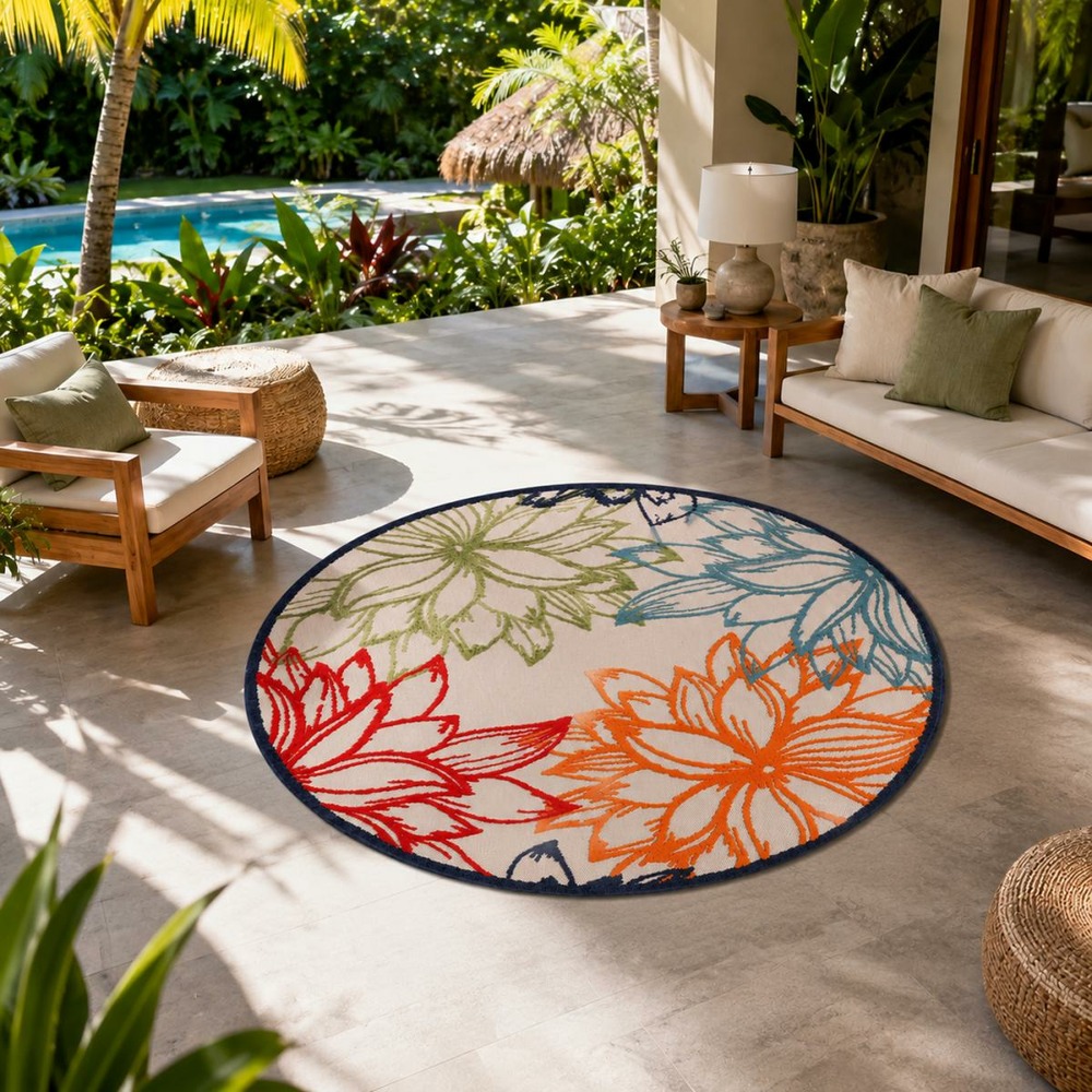 Tapis rond d'extérieur ø150cm tissé kilim bleu et beige chimeko