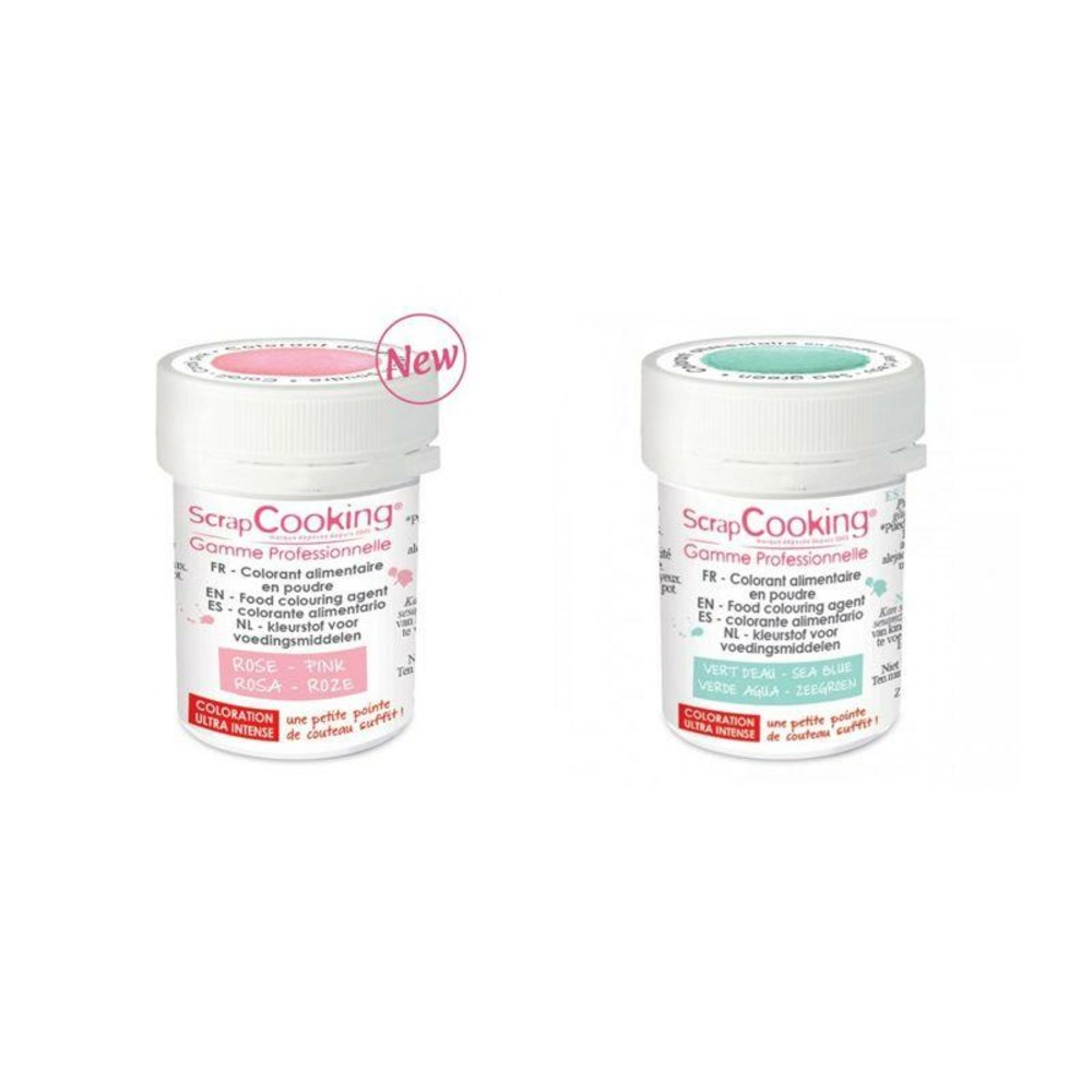 2 colorants alimentaires en poudre - vert d'eau-rose poudré