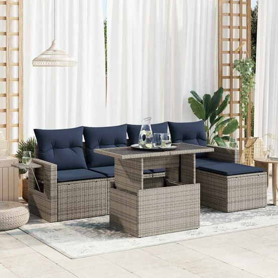 Salon de jardin 6 pcs avec coussins gris résine tressée acacia