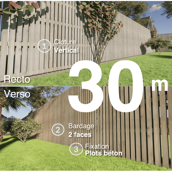 Kit clôture bois moderne 30m – h 2,3m – 20 x 70 mm autoclave gris – pose vertical – double face – à sceller