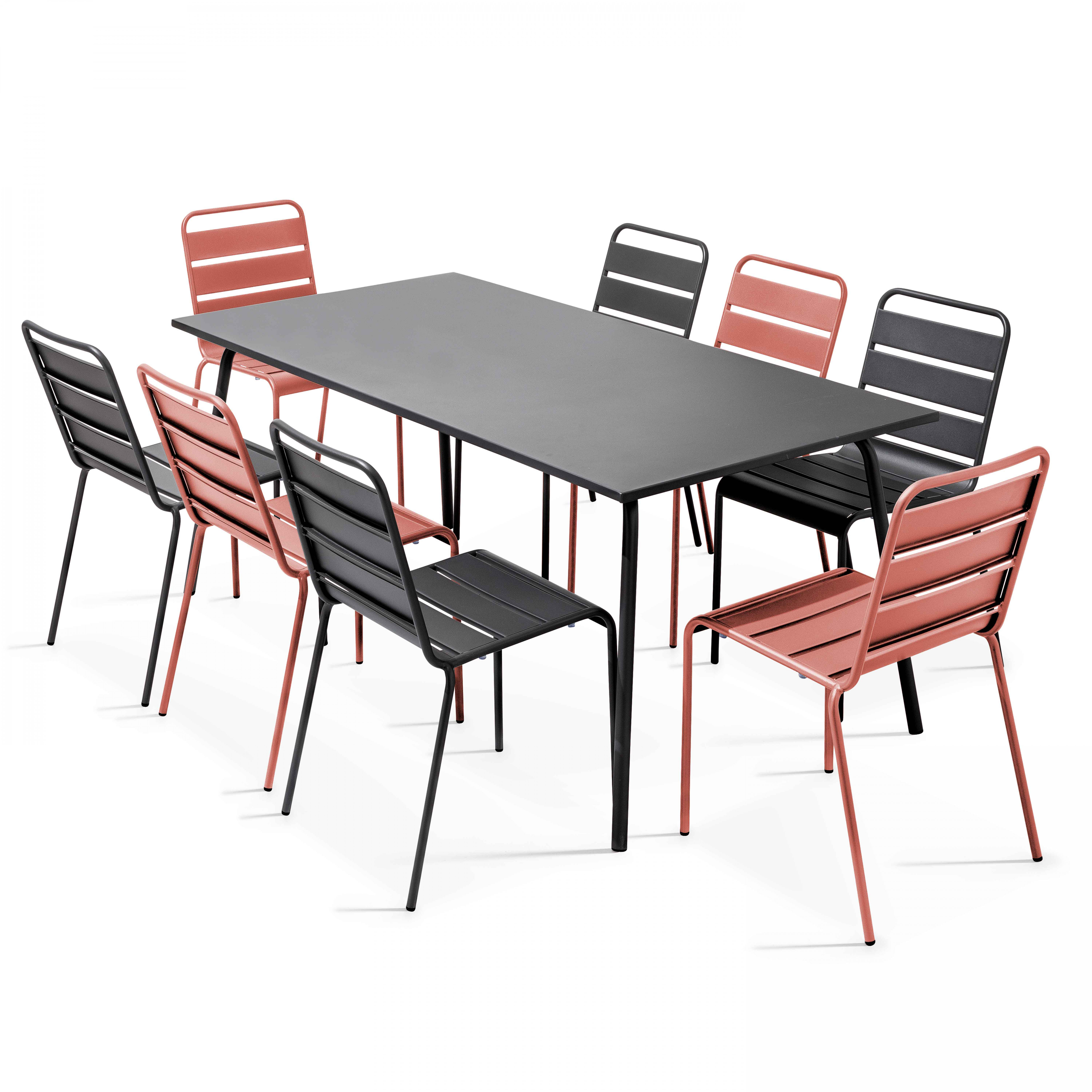 Ensemble table de jardin et 8 chaises en métal gris et argile