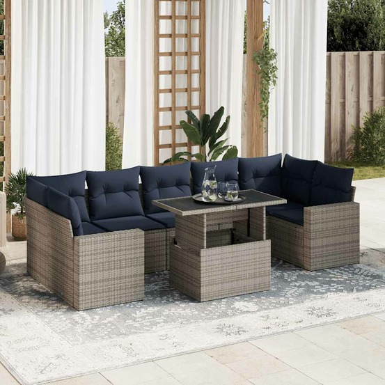 Salon de jardin avec coussins 8 pcs gris résine tressée acacia