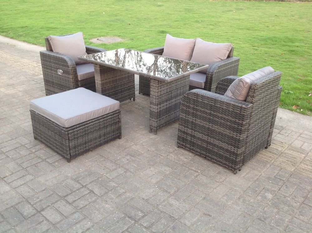 Rotin mobilier de jardin chaises réglables canapé double love siège 2 places table à manger en verre noir