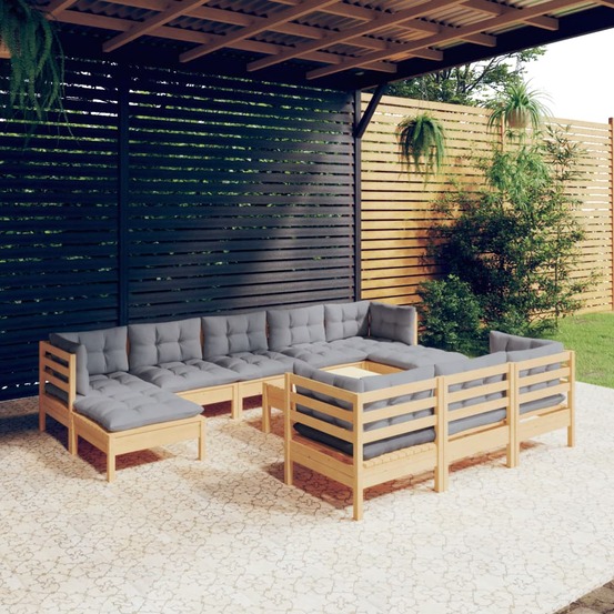Salon de jardin 11 pcs avec coussins gris bois de pin solide